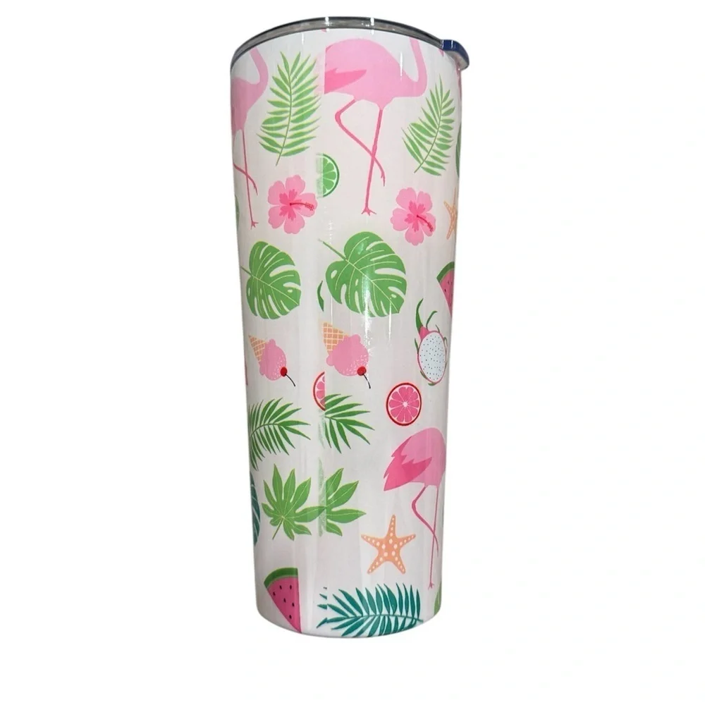 Stainless Steel Tropical Flamingo Tumbler with Outer Banks Logo